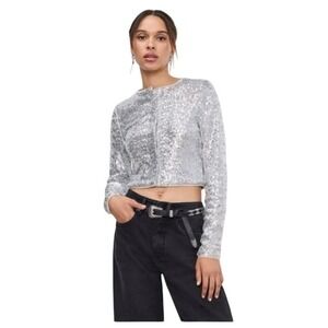 Good American Cluster Sequin Crop Cardigan Sweater Silver Knit S